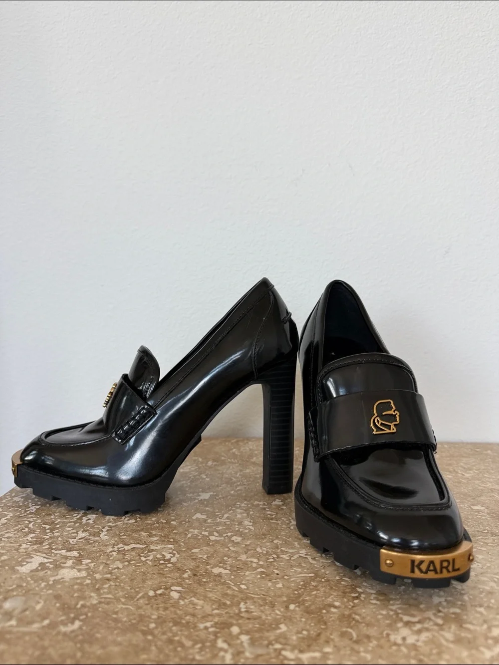 Karl Lagerfeld Paris Black Patent Loafer Pumps Gold Logo Lug Sole Platform Heels